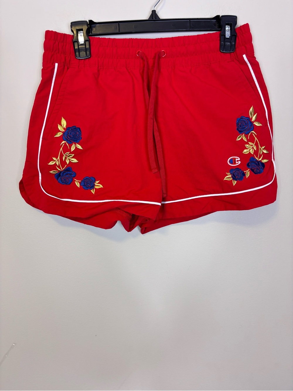 Champion Red Athletic Shorts with Blue Floral Embroidery